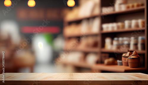 Empty wood table top on blur bakery shop or cafe restaurant with abstract bokeh background