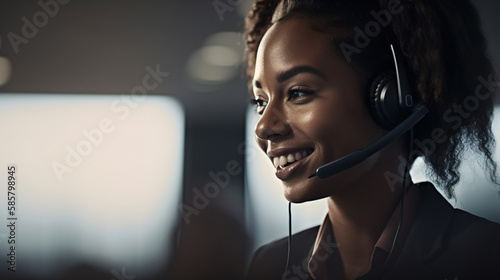 Smiling afro American woman working as call Centre representative, Generative AI illustration