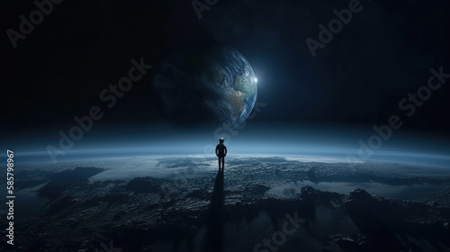 Far from earth , with man looking at planet earth from far away, Generative AI illustration