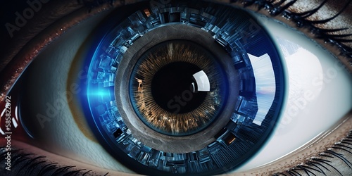 Digital Eye: Close-Up of Eye with a Universe of Technology and Data, AI Generated