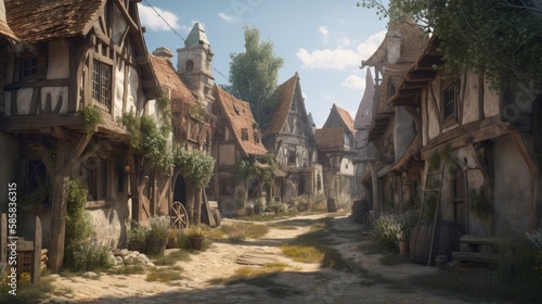 An illustration of the small medieval fantasy village. Medieval Fantasy