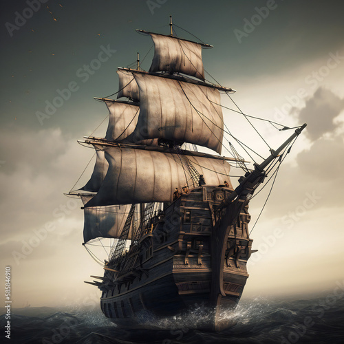 vintage wooden sailing ship, antique maritime vessel, high-resolution image, generative AI 