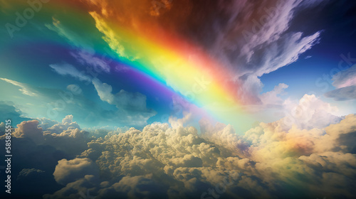 Scenic Nature - Weather phenomenon of a Cloudy Sky with Sunbeam and Vbrant colorful rainbow. Generative AI.