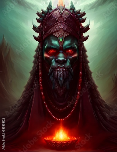 Giant demonic tribal warrior face, aztec god with a red glowing eyes, Digital illustration. Generative AI.