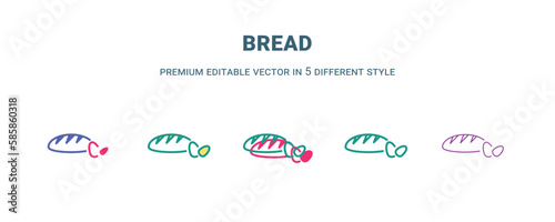 bread icon in 5 different style. Outline, filled, two color, thin bread icon isolated on white background. Editable vector can be used web and mobile