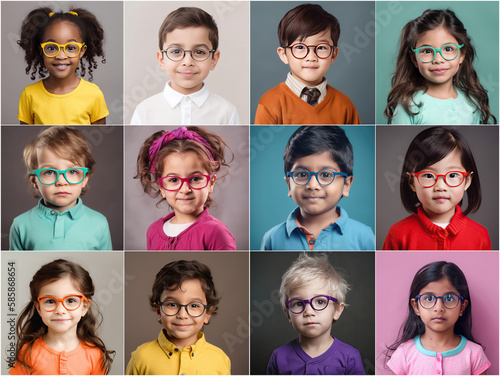 Collage of toddlers portraits in colorful eyeglasses. Child eye check, inclusive medicine, optic store for kids concept. AI Generative