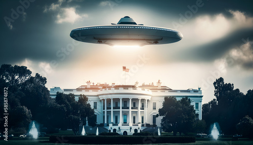 Alien UFO spaceship fly above White House government of USA with sun light. Generation AI