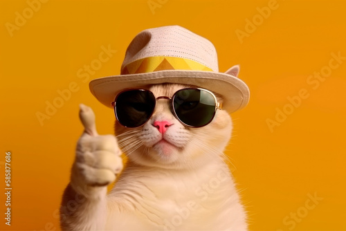 Portrait of a beautiful cat in black sunglasses and a straw hat, holding a thumb up as a sign of excellent work or pointing a finger at the camera on an isolated orange background. Generative AI.