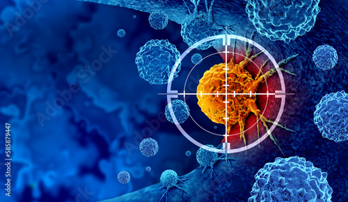 Cancer detection and screening as a treatment for malignant cells with a biopsy or testing caused by carcinogens and genetics with a cancerous cell as an immunotherapy symbol 