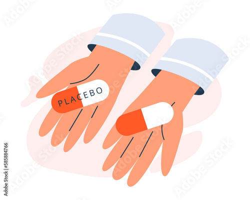 Choice between placebo and real drug, pills in hands, flat vector illustration isolated on white background.