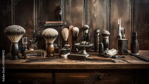 Vintage barber shop tools on wood background. Generative Ai