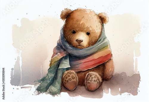 Watercolor Illustration of a Teddy Bear Wearing A Scarf, Looking Sick. Generative AI