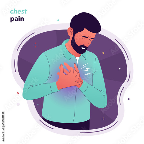 Vector illustration of a man, who's holding his hands to his chest. A man with a beard put his head down, feeling the uncomfortable sensation in the chest. Symptoms of pneumonia, heart attack.