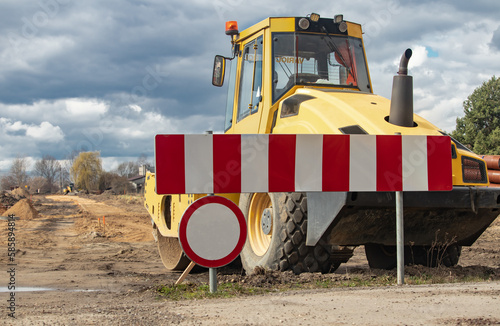 Construction machines on road construction. No entrance.