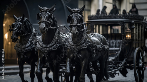 A chariot drawn by sinister black horses Generative AI