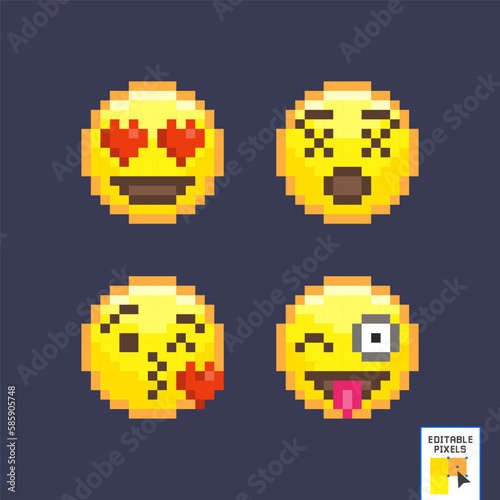 Pixel art emoji icon set. Funny flat style emoticon. Pixel art set of emoticon face icons in a retro 8 bit video game style. Pixel smile icon for web and mobile. vector illustration