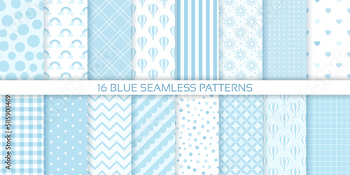 Blue seamless background. Scrapbook baby shower patterns. Set cute prints with polka dots, stripes, zigzag, plaid. Retro pastel texture. Geometric childish wrapping backdrop. Color vector illustration