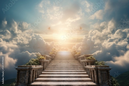 Stairway to heaven in glory, gates of Paradise. AI generated