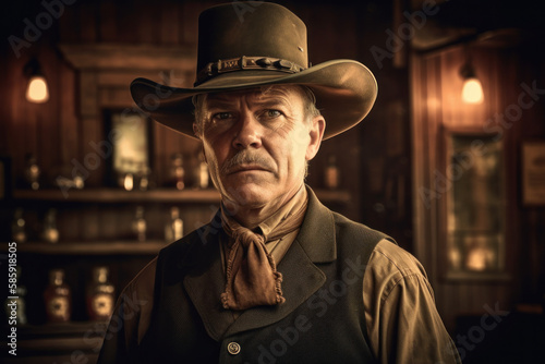 Gunslinger Sheriff in Wild West Saloon, Generative AI