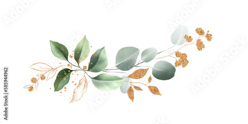 Watercolor bouquet of leaves and eucalyptus branch with gold. Botanical herbal illustration for wedding or greeting card. Hand painted spring composition isolated on white background. Abstract and rea