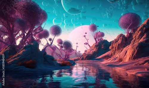 A magical landscape of a turquoise lake surrounded by mountains, trees and bubbles in a vast alien desert. Generative AI