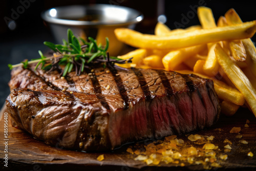 mouth-watering close-up of steak frites cooked to perfection, with grill marks on the steak and golden-brown crispy fries, generative ai