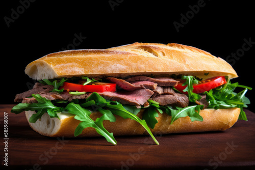 Delicious roast beef sandwich with arugula and roasted red peppers on ciabatta bread, generative ai