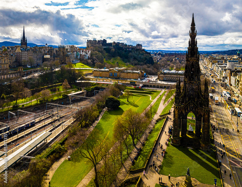 Aerial view of Walter Scott monument in Edinburgh