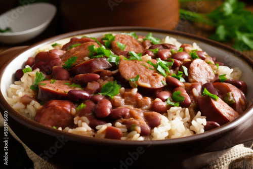 Close-up of a steaming hot bowl of red beans and rice with juicy and tender pieces of smoked sausage on top, generative ai