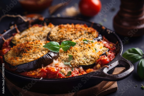 appetizing Eggplant Parmesan with a crispy breadcrumb crust and rich marinara sauce, served in a vintage baking dish, generative ai