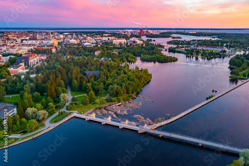 Sunset panorama view of Finnish town Oulu