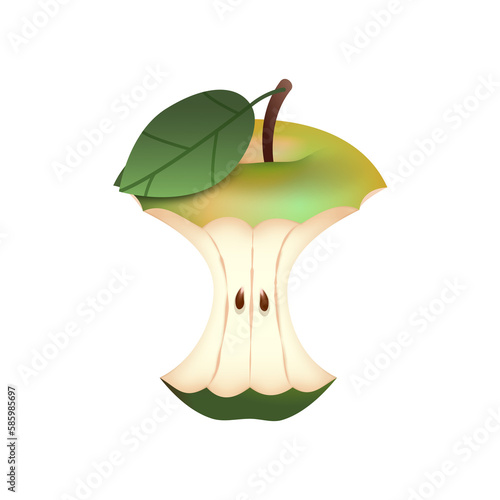 Jabłko - ogryzek. Ilustracja zielonego ogryzionego jabłka z listkiem i pestkami.