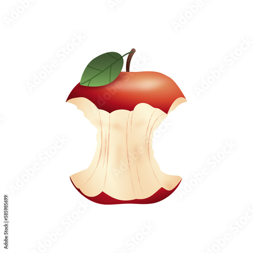 Jabłko - ogryzek. Ilustracja czerwonego ogryzionego jabłka z zielonym listkiem.