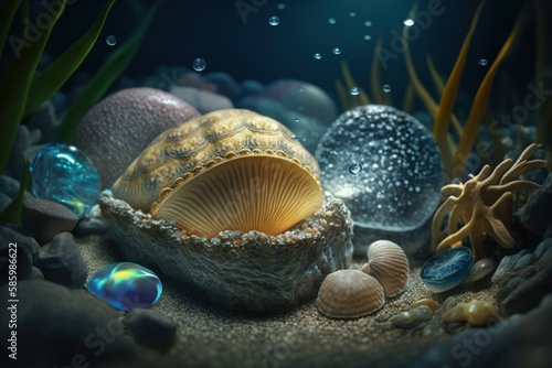 Close Up Of Seashells Underwater. AI generated, human enhanced.