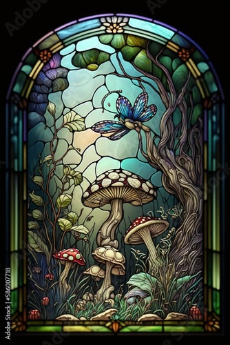 A digital illustration of a stained glass window depicting a fairyland fantasy scene with mushrooms. Generative AI. 