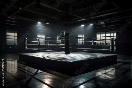 Boxing ring arena, training workout, dark and cinematic, generative ai
