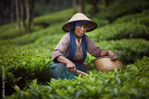 A woman in a tea plantation wearing a hat and holding a bucket Generative AI
