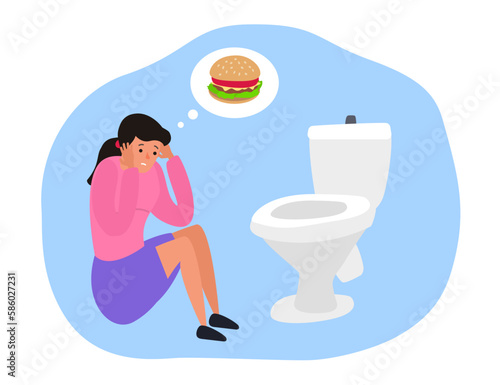 bulimia disease woman sitting next to toilet bowl think about burger fast food vector illustration