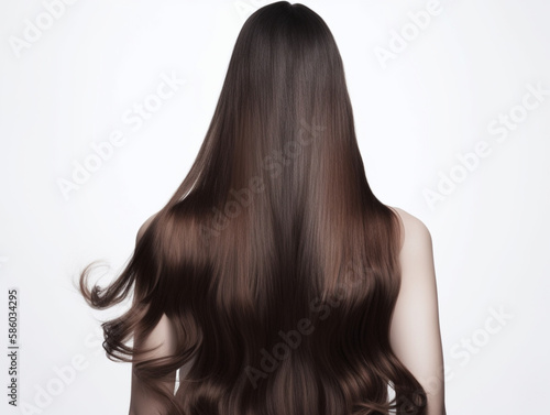 Woman with long and shiny hair on isolated background. back view. Generative AI