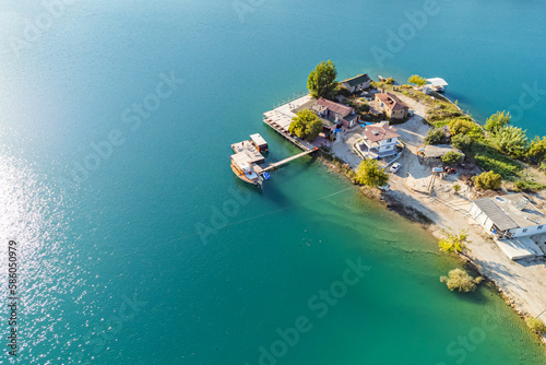 Aerial view of a fishing harbor at green canyon lake, near Manavgat in Turkey