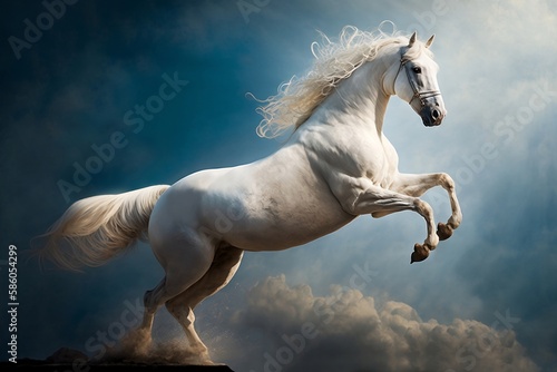 White horse with a long mane is galloping in the sky created with Generative AI technology