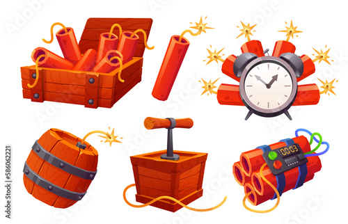 Cartoon tnt and barrel game props ui icon set in vector. Isolated bomb box and explosive dynamite asset for app interface. Time control danger stick with fuse. Military detonator on white background