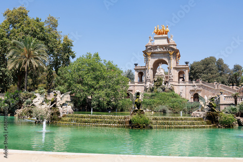 The Small Lake and Large Fountain designed by Josep Fontserè inside The Parc de la Ciutadella, Citadel Park, in Ciutat Vella Neighborhood in Barcelona, Catalonia, Spain