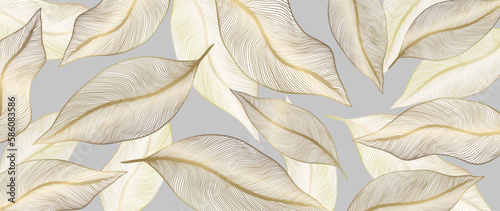Stylish and delicate abstract luxury vector background with golden leaves on a light gray background for decor, covers, backgrounds, cards, presentations