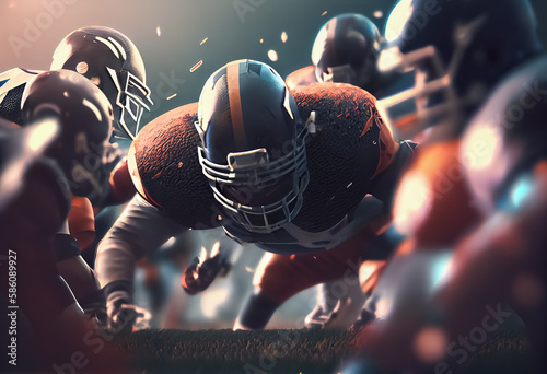 illustration of American football players in game, touchdown at ight stadium lights. Ai