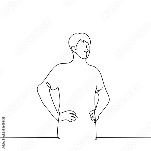 man stands with his hands on his hips - one line drawing vector. concept listen or observe in a confident posture