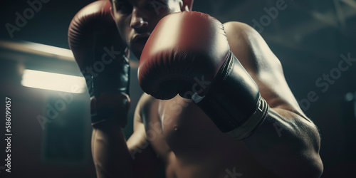 Close-up of male athlete's kickboxing training, punching bag in gym. Generative AI