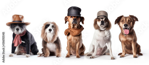 Portrait of a group of dogs disguised in human clothing.. Isolated on white background. Generative AI