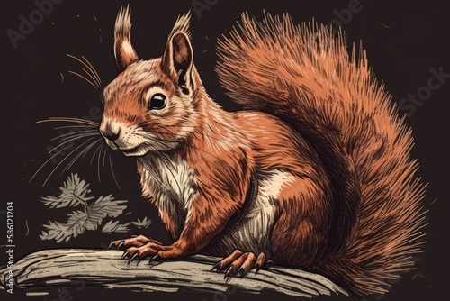 cute squirrel perched on a tree branch created with Generative AI technology