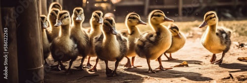 ducklings walk around the yard on the farm on a sunny day. generative AI